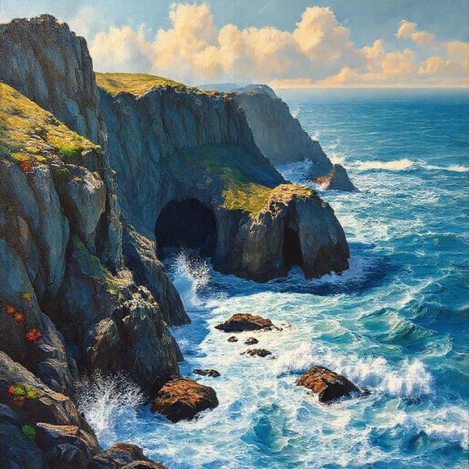 This image is a beautiful depiction of the ocean cliffs, showcasing the natural beauty of the ocean and the rugged coastline.