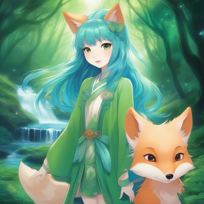 Diese bezaubernde Anime-Illustration zeigt ein junges Mädchen mit einem Fuchsgeist, das auf einem Waldweg steht, umgeben von einem üppigen, leuchtenden Wald mit einer geheimnisvollen Lichtquelle.