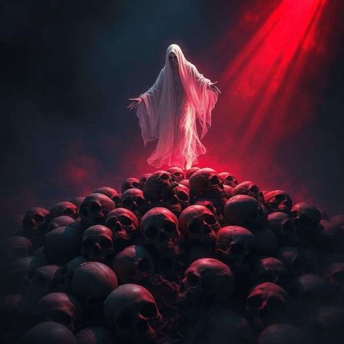 In the depths of this eerie Halloween scene, a ghostly figure stands above a pile of skulls, exuding an ethereal presence amidst the macabre surroundings.