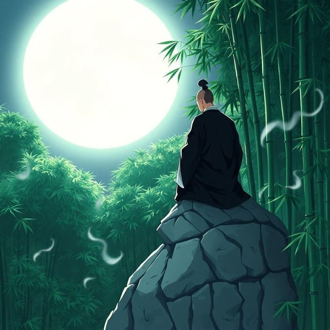 A tranquil anime-style scene featuring a solitary monk sitting on a rocky outcrop in a bamboo forest, with the moonlit sky adding to the peaceful atmosphere.