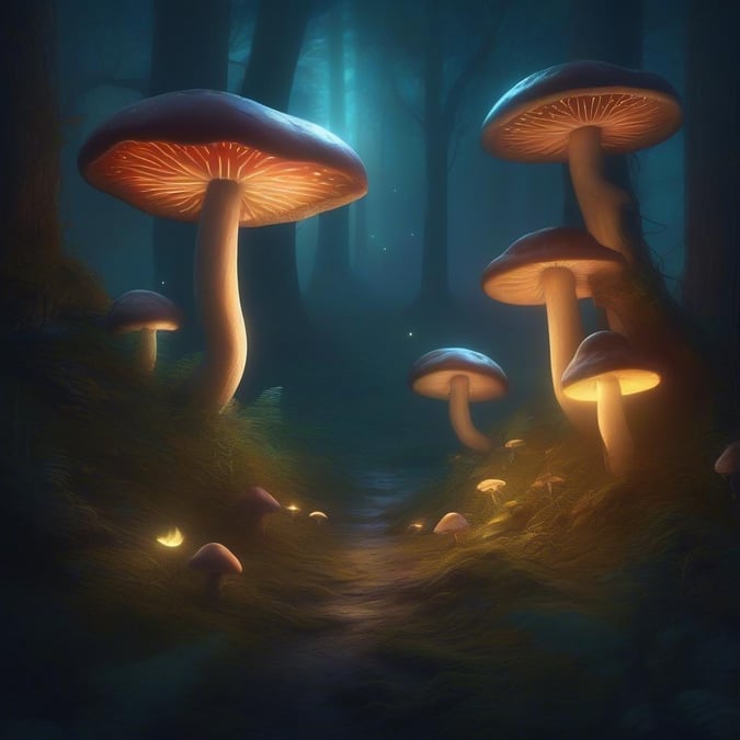 A mystical path through the forest, bathed in soft moonlight, guided by glowing mushrooms.