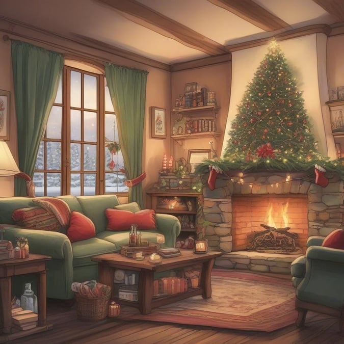 A cozy living room adorned with festive holiday decorations, perfect for a family gathering on Christmas Eve.