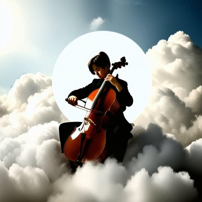 In this ethereal scene, a solitary violinist takes center stage. The celestial ambiance is heightened by the presence of floating clouds, and a luminous moon in the background. It's an image that captures the purity and passion of music against a backdrop that speaks to dreams and imagination.