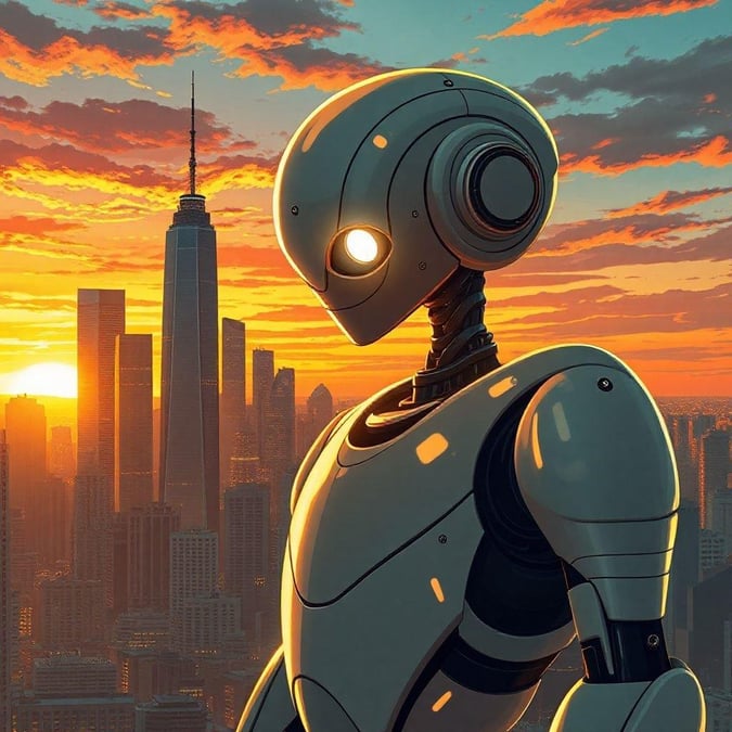 An advanced robotic figure stands sentinel over a futuristic cityscape at sunset, symbolizing technological advancements and the intersection of technology with urban landscapes.