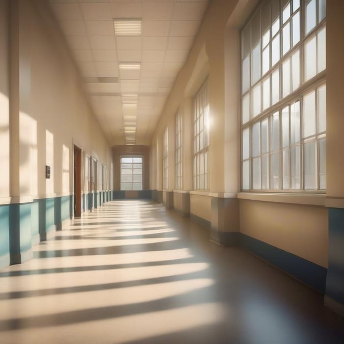 A long, empty hallway with windows on both sides and a door at the end, perfect for a back to school theme.