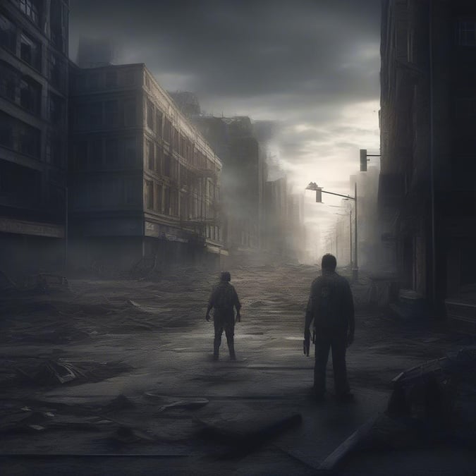 The world has gone through a cataclysmic event, leaving behind a desolate cityscape as two survivors navigate the remnants of society. The air is tense with the unknown and the path ahead is shrouded in mystery.