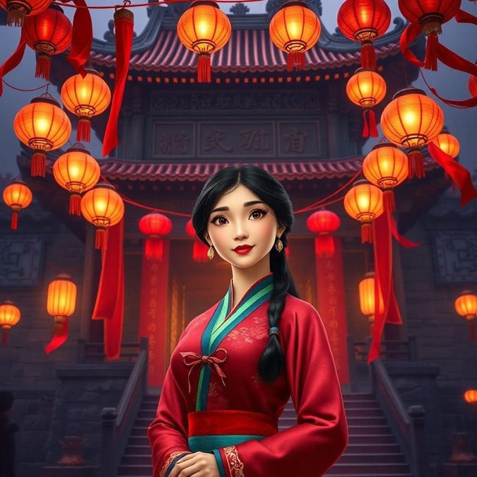 This fantastical wallpaper celebrates the spirit of Mulan from her beloved animated movie. Featuring the warrior princess in traditional Chinese attire, this image captures a scene that could be taken straight from the film's enchanting landscapes.