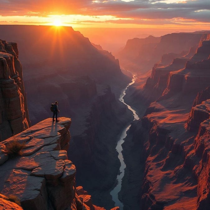 Experience the breathtaking beauty of a sunset overlooking the vast expanse of the Grand Canyon. Witness the golden light cast against the rugged canyon walls, with the calm river below offering a serene contrast to the dramatic scenery.