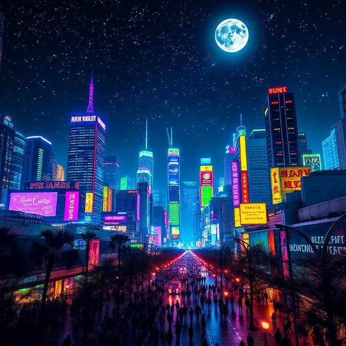 A bustling city at night, illuminated by bright neon signs against a backdrop of the full moon and starry sky.