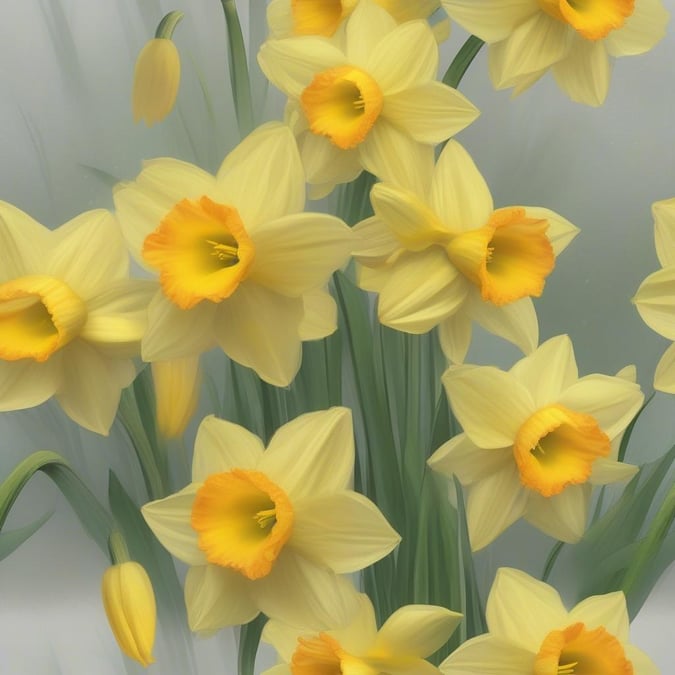 This image features vibrant yellow tulips against a backdrop that suggests a spring day. The flowers are in full bloom, their petals swaying gently and casting soft shadows on the background. They're arranged in bunches, with some branches extending outwards, creating a natural and harmonious composition.