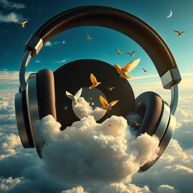 This stunning wallpaper features a pair of headphones floating in the clouds, surrounded by birds and a serene sky. The image is perfect for music lovers who want to add a touch of whimsy to their desktop or mobile device.