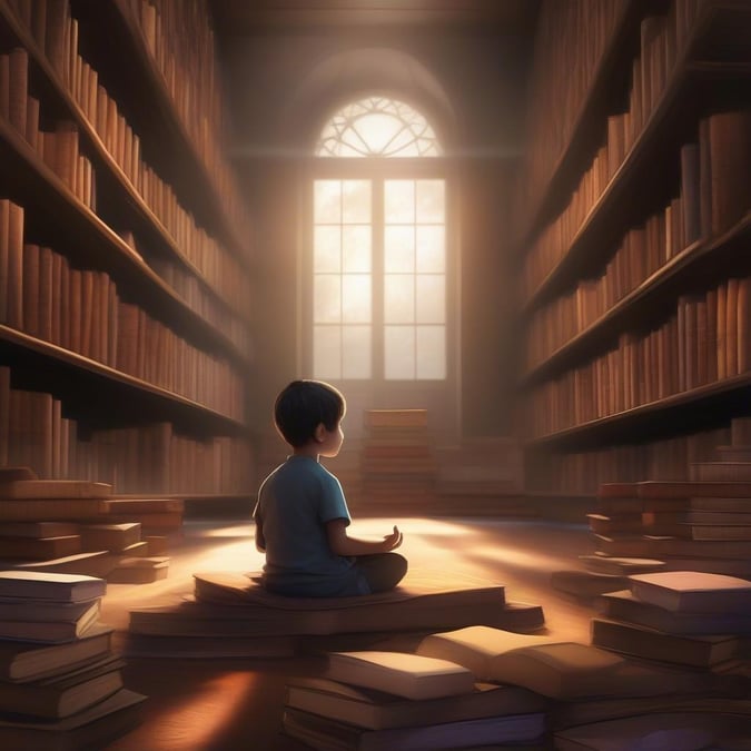 A young student finds solace in the quiet of a vast library, surrounded by tomes of knowledge, illuminated by the morning sun.