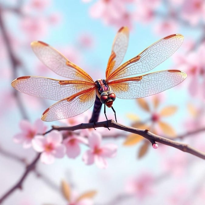 This stunning wallpaper features a detailed digital illustration of a dragonfly perched on a branch, its wings spread wide, with intricate patterns and vibrant colors. The background is a blurry, dreamy scene of pink cherry blossoms, highlighting the dragonfly's poised pose.