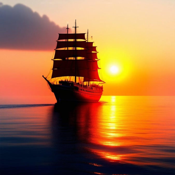 Casual scene at sunset featuring a tall sailing ship cruising through the calming waters, highlighted by warm hues of sunshine reflecting off the ocean's surface.