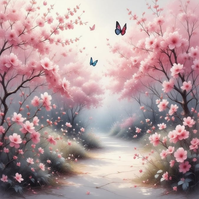 Immerse yourself in the serene beauty of this anime-style illustration, where a lush garden of pink cherry blossoms is bathed in soft light, surrounded by delicate pink flowers and fluttering butterflies.