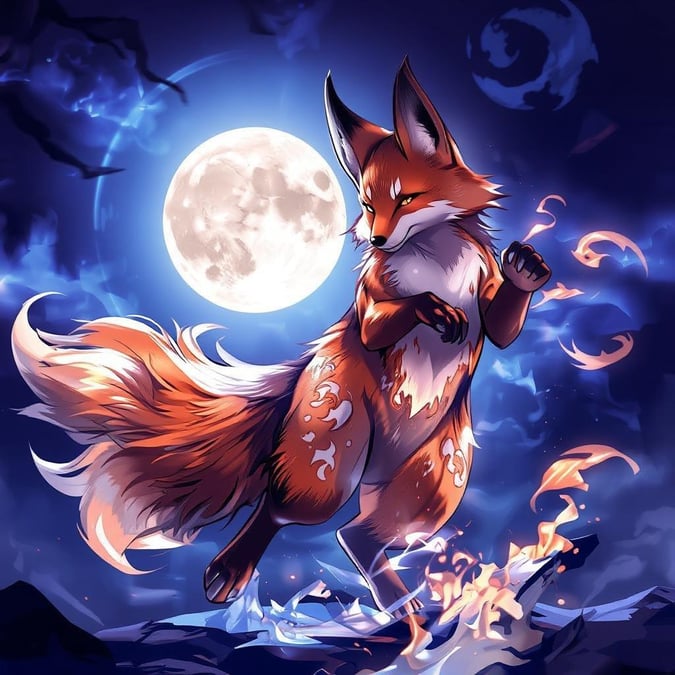 This anime-style wallpaper features a fox spirit dancing under the light of a full moon. The fox's vibrant orange fur and white spots are the main focus, while the moon's glow creates an anime-like effect.