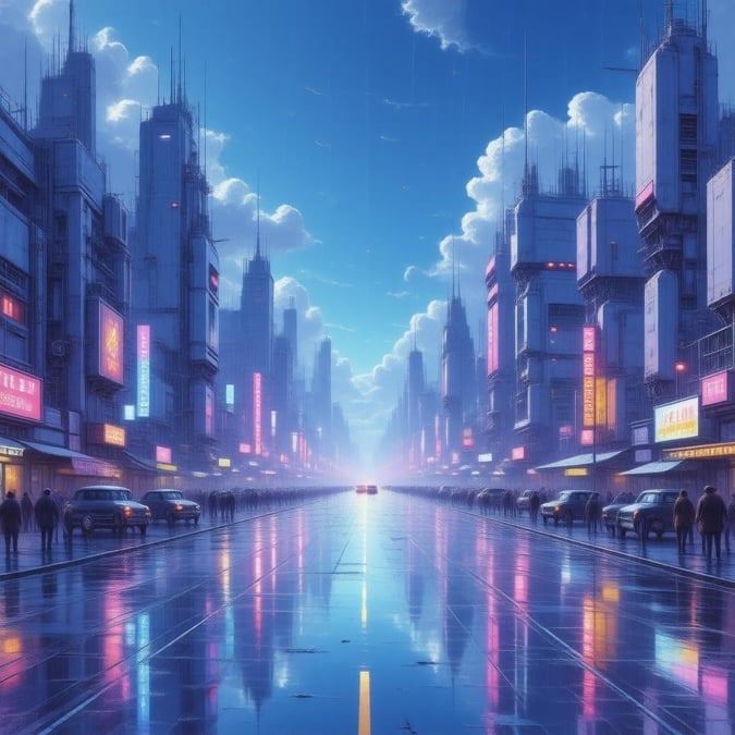 Explore the vibrant anime cityscape where towering robots and futuristic architecture meet under a sky of scattered clouds. The wet streets reflect the glow of neon lights, creating a lively and inviting atmosphere.