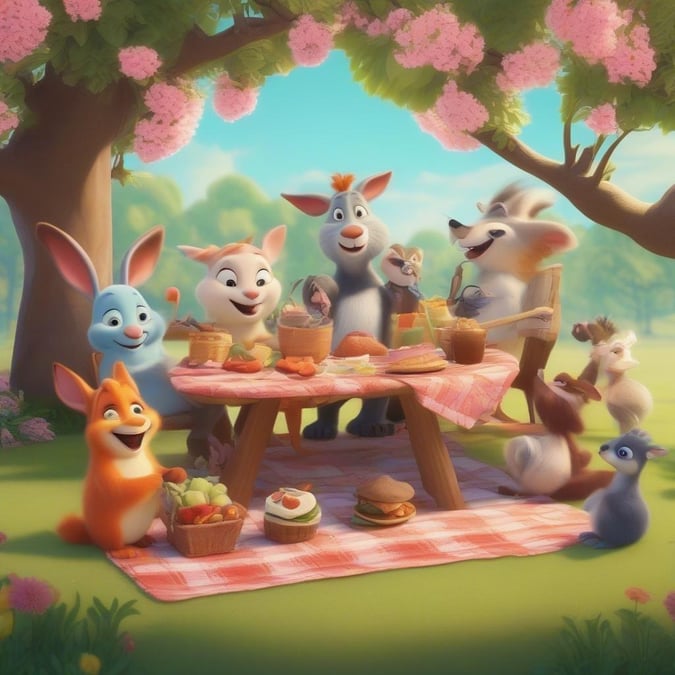 The cute animals from Zootopia are gathered for an Easter picnic in a beautiful, blossoming park. The bunnies are excited to share some sweet treats and laughter under the clear, sunny sky.