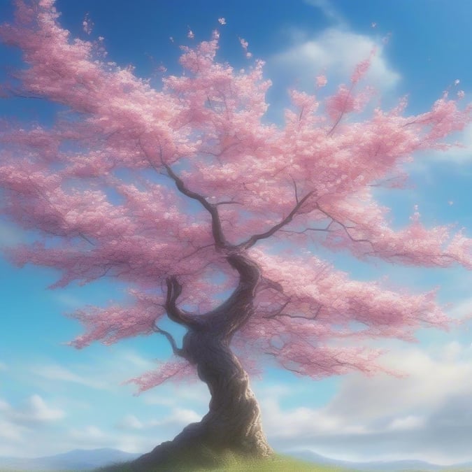 This digital artwork captures the essence of springtime, with its vibrant pink cherry blossoms set against a serene blue sky. The detailed tree trunk and foliage provide a touch of nature's beauty that is perfect for any desktop or mobile device under the category of 'Flowers'.