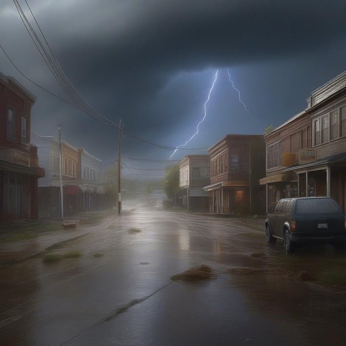 This scene captures the intensity of a storm rolling into town. The sky is dark with ominous clouds, signaling rain, and lightning strikes can be seen in the distance.