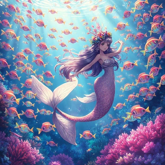 Una rappresentazione animata di una sirena in una scuola di pesci color arcobaleno, ambientata sullo sfondo di un mondo sottomarino. La sirena è stilizzata con lunghi capelli fluenti e una corona di piume, circondata da vita marina che sembra provenire dalla fantasia e dall'immaginazione.