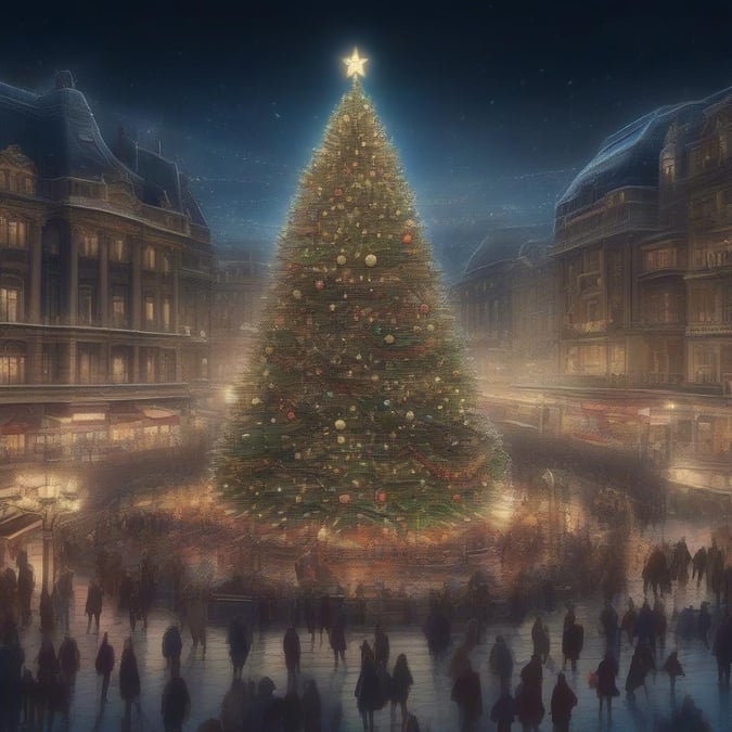 A lively city square, bustling with festive cheer during the holiday season. People gather around a beautifully decorated Christmas tree, its branches adorned with twinkling lights and ornaments, standing as a beacon of joy in the night sky.