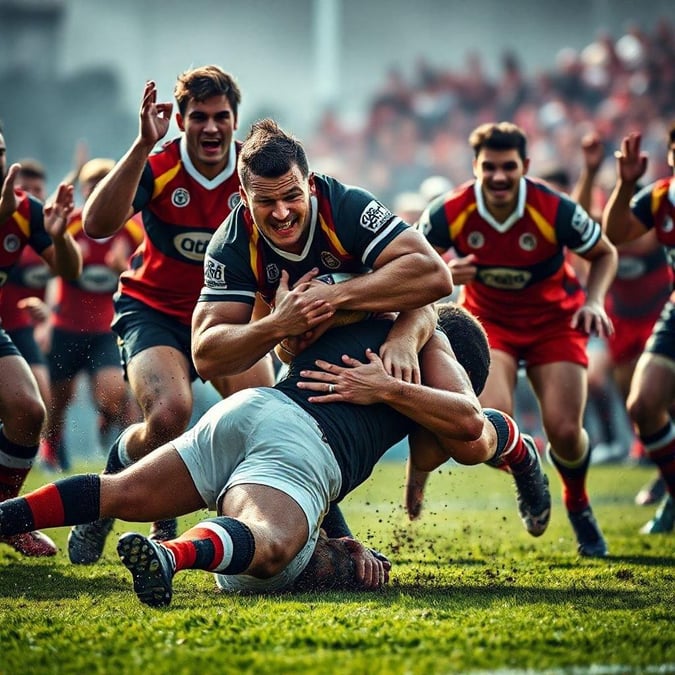 A thrilling moment capturing the intensity of a sports match, with players from two teams engaged in a hug that speaks volumes about camaraderie and sportsmanship.