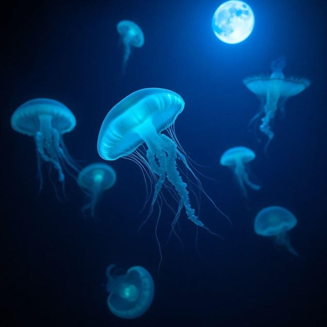 A stunning image of jellyfish swimming in the ocean, illuminated by the soft glow of the moon.