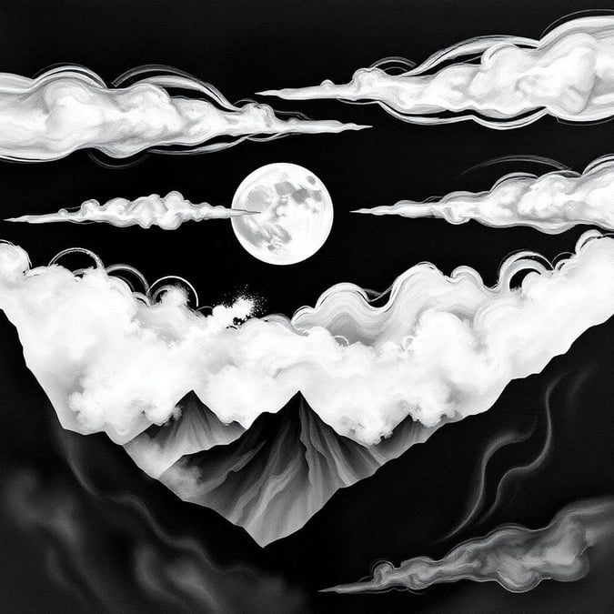 This black and white wallpaper captures the serene beauty of mountains under the moonlight. The clouds swirl in the sky, adding a sense of dynamism to the tranquil scene. A wisp of cloud seems to be caught by the wind, creating a unique, artistic touch.