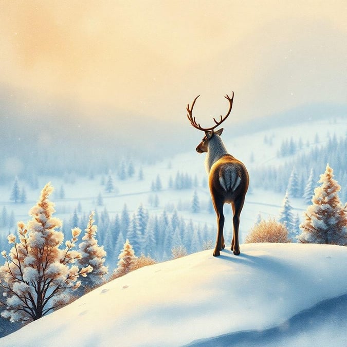 A serene winter morning in the mountains, with a majestic reindeer standing as if overseeing the dawn. The snow-covered landscape is dotted with evergreen trees, and the atmosphere feels calm and quiet before the day begins.