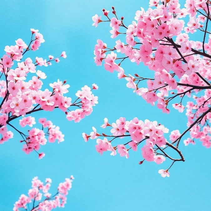 Blossoms of pink flowers against the backdrop of clear blue sky, symbolizing the arrival of spring.