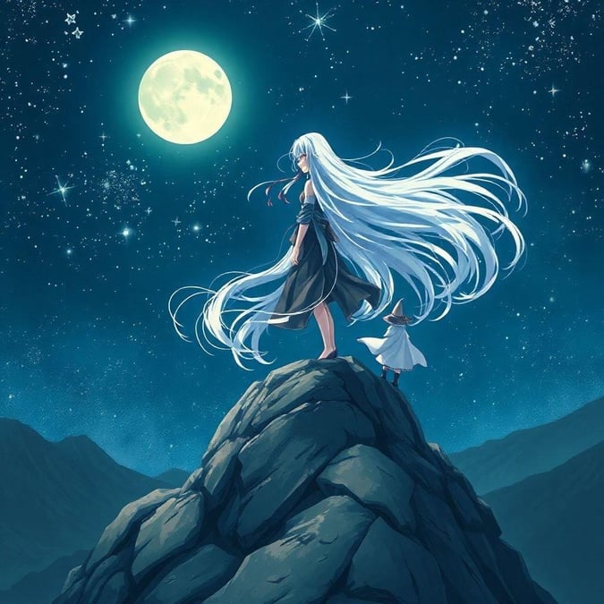 This anime-style wallpaper features a young girl with long, flowing hair standing on a mountain under the light of the moon. The illustration captures a moment of tranquility, with the girl's hair and the night sky creating a striking contrast. The small figure in a white cloak and hat adds a whimsical touch to the scene, making it a unique and captivating piece.