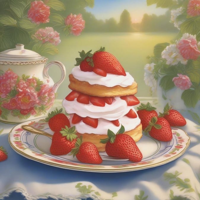 Indulge in the irresistible taste of a whimsical cake stack, drizzled with white frosting and adorned with fresh strawberries.