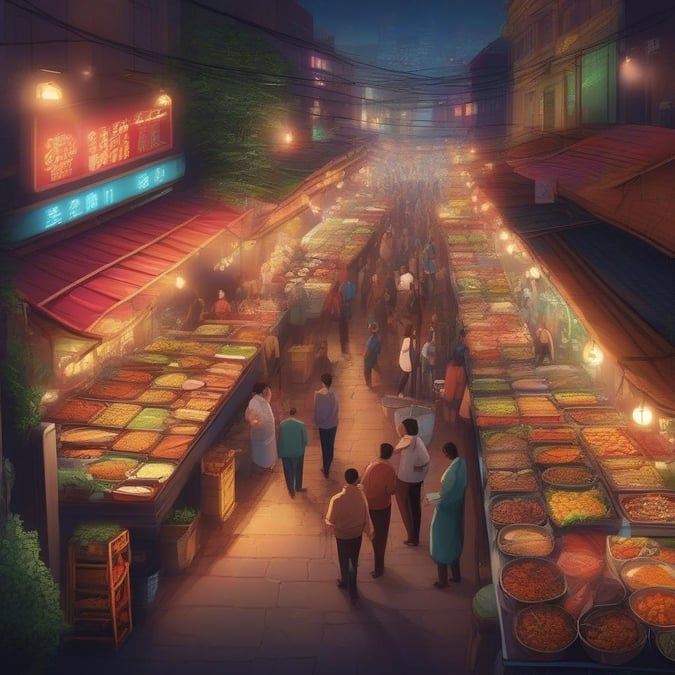 This image captures the vibrant atmosphere of a bustling food market at night, with a variety of colorful dishes and people enjoying their meals.