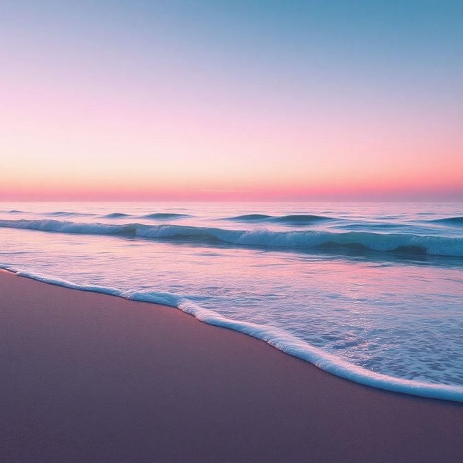 A serene beach scene with gentle waves and the breathtaking glow of a pinkish-orange sunset. The horizon is clear, offering a calm and idyllic view.