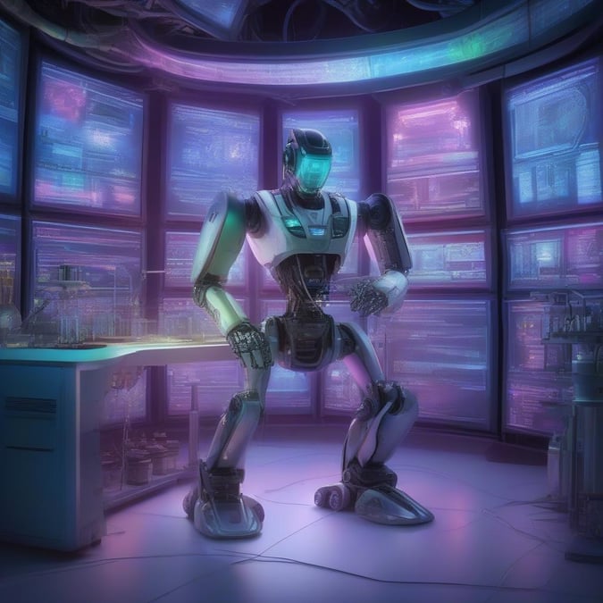 Sophisticated robot stands in an advanced lab, showcasing the future of AI and technology.