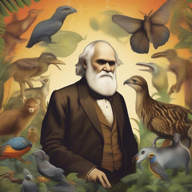 This wallpaper features a portrait of Charles Darwin, the renowned British naturalist and biologist, surrounded by various animals and plants, symbolizing his groundbreaking theory of evolution.