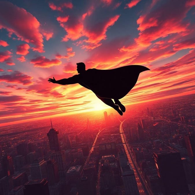 In the vibrant city skyline at sunset, a hero soars high above, embodying the spirit of the iconic comic legends.