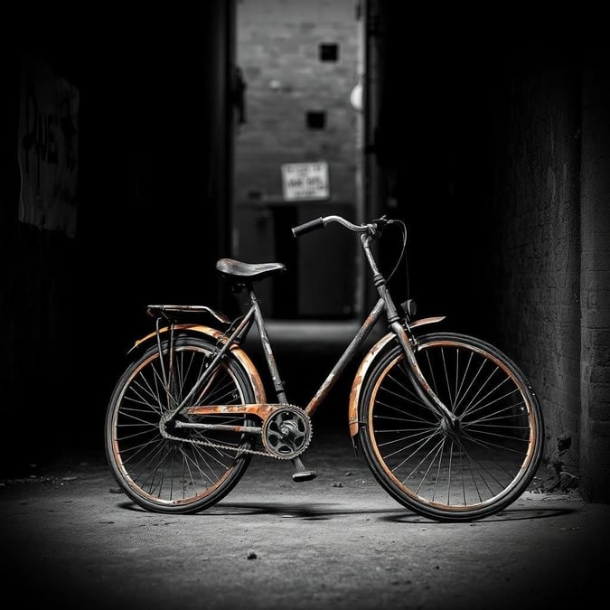 This stunning black and white wallpaper features a vintage bicycle parked in a dimly lit alleyway, exuding a sense of nostalgia and urban charm.