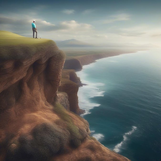 A golfer on a cliff overlooking the ocean, ready to take a daring swing into the misty distance.