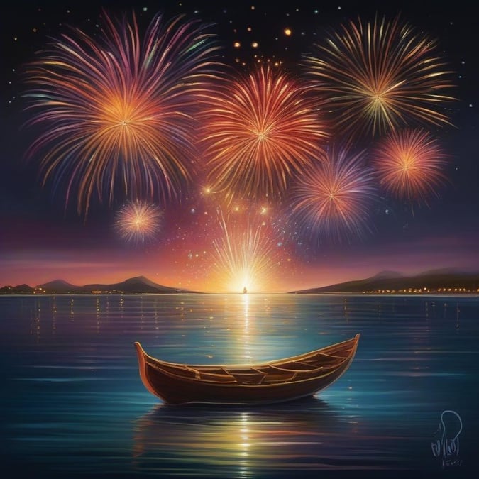 A tranquil scene by the water, perfect for Diwali celebrations. A small boat drifts peacefully on the calm lake as a fireworks display illuminates the sky with a vibrant display of colors, making the night sky a spectacle. The calm waters reflect the beautiful lights and the silhouette of the hills in the distance.