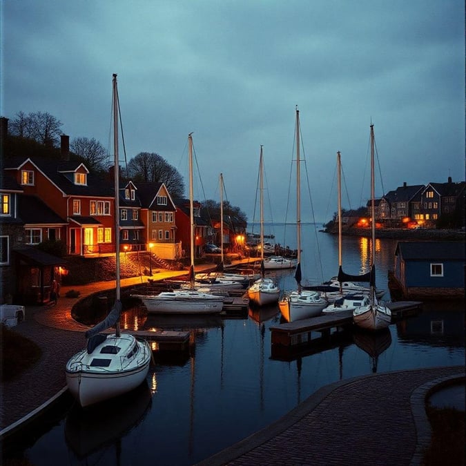 This serene harbor, nestled in the heart of a quaint village, offers a tranquil scene with boats gently floating on the water. The sky's gradient hues reflect on the calm waters and onto the houses that line the shore. It's a picture perfect moment for reflection.