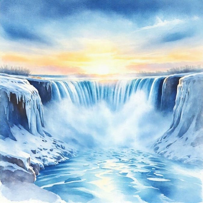 A breathtaking winter scene featuring a majestic waterfall surrounded by snow and ice.