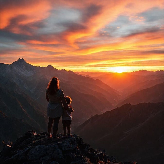 A mother and child enjoy the breathtaking view from atop a mountain at sunset, basking in the warm glow of nature.