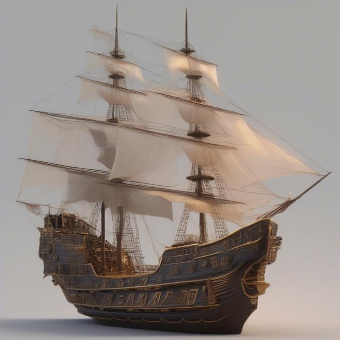 Dramatic, golden pirate ship with intricate design and detailed rigging.