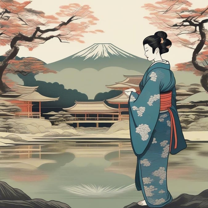 This tranquil scene captures the essence of Japanese culture, with a geisha reflecting on life by a serene pond. The iconic cone-shaped hat and kimono are symbols of traditional elegance and grace.