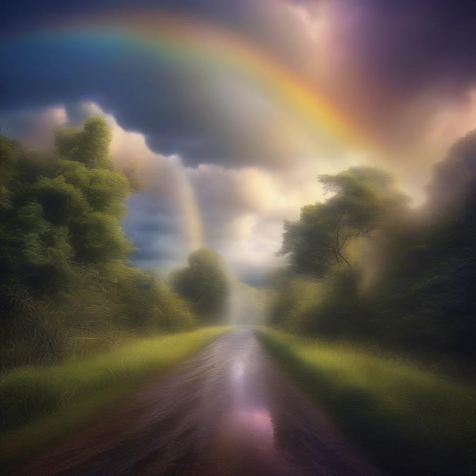 A captivating scene of a rainbow arching over a winding country road on a cloudy day, offering a glimpse of serene and mystical rural beauty.