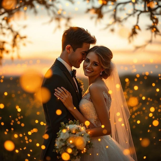 A newlywed couple embracing each other at sunset, with a whimsical golden sparkle background that conveys a magical and joyous celebration.