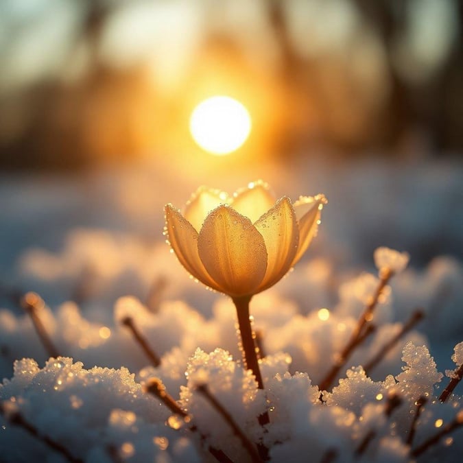 A serene winter scene where a single flower blooms amidst the soft snow, as the sun casts its warm glow on the frosty ground.