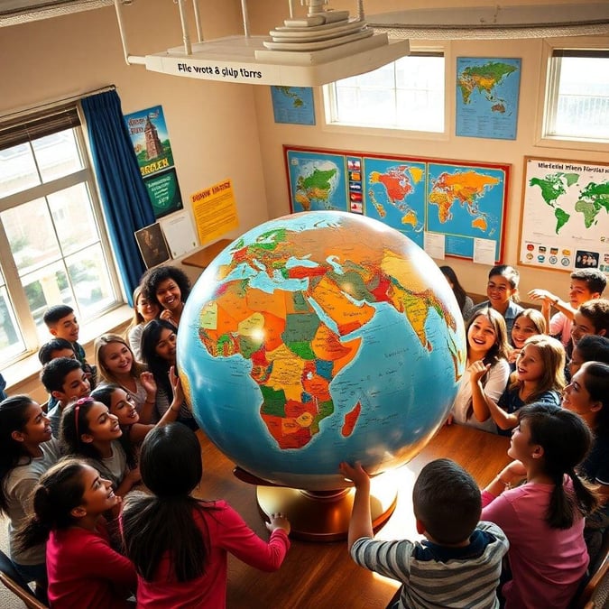 Students gathered around a globe, engaged in discussion about our planet with their teacher.